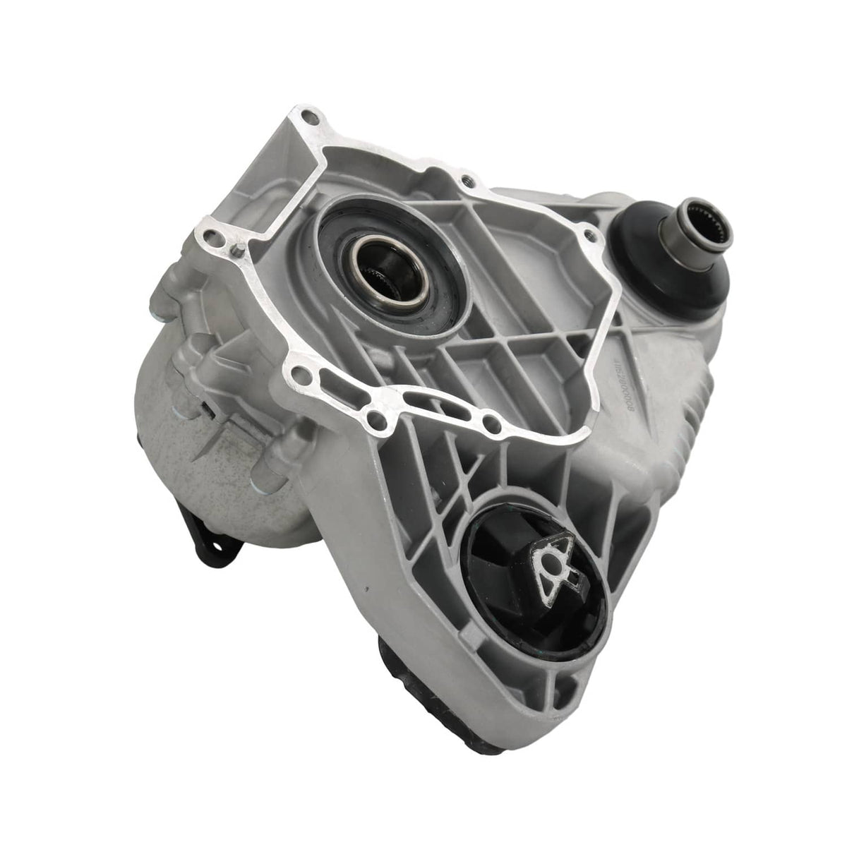 Transfer case assembly underside view, gray case with circular input and mounting hole