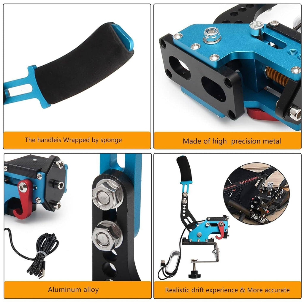 USB handbrake closeups: blue metal housing with wrapped sponge grip and mounting holes