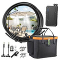 Portable outdoor misting system kit with coiled black hose, pump unit, and storage bag