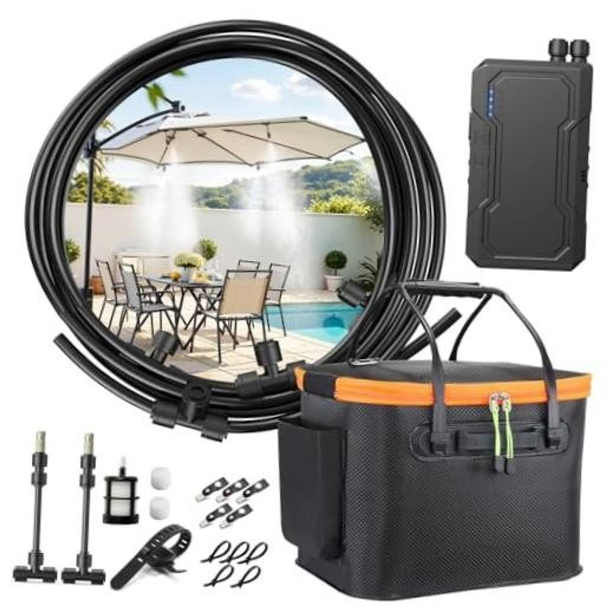 Portable outdoor misting system kit with coiled black hose, pump unit, and storage bag