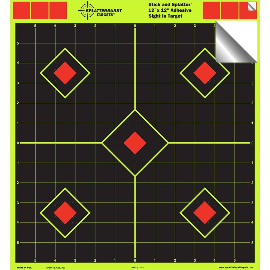 Adhesive target sheet with neon green diamond frames and red square bullseyes