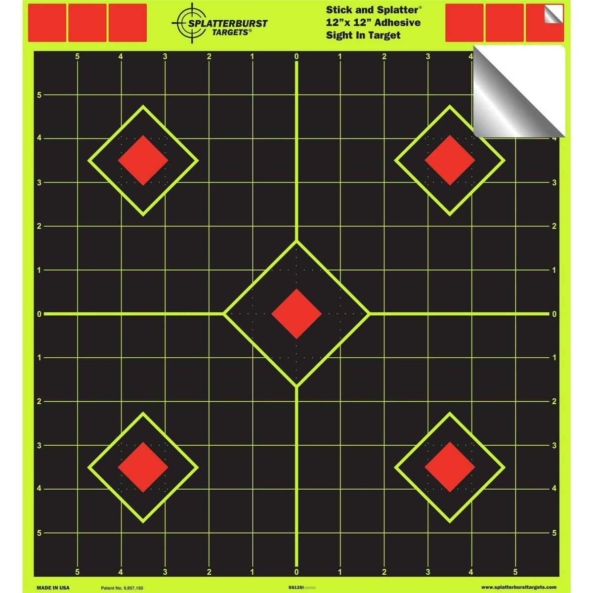 Adhesive target sheet with neon green diamond frames and red square bullseyes