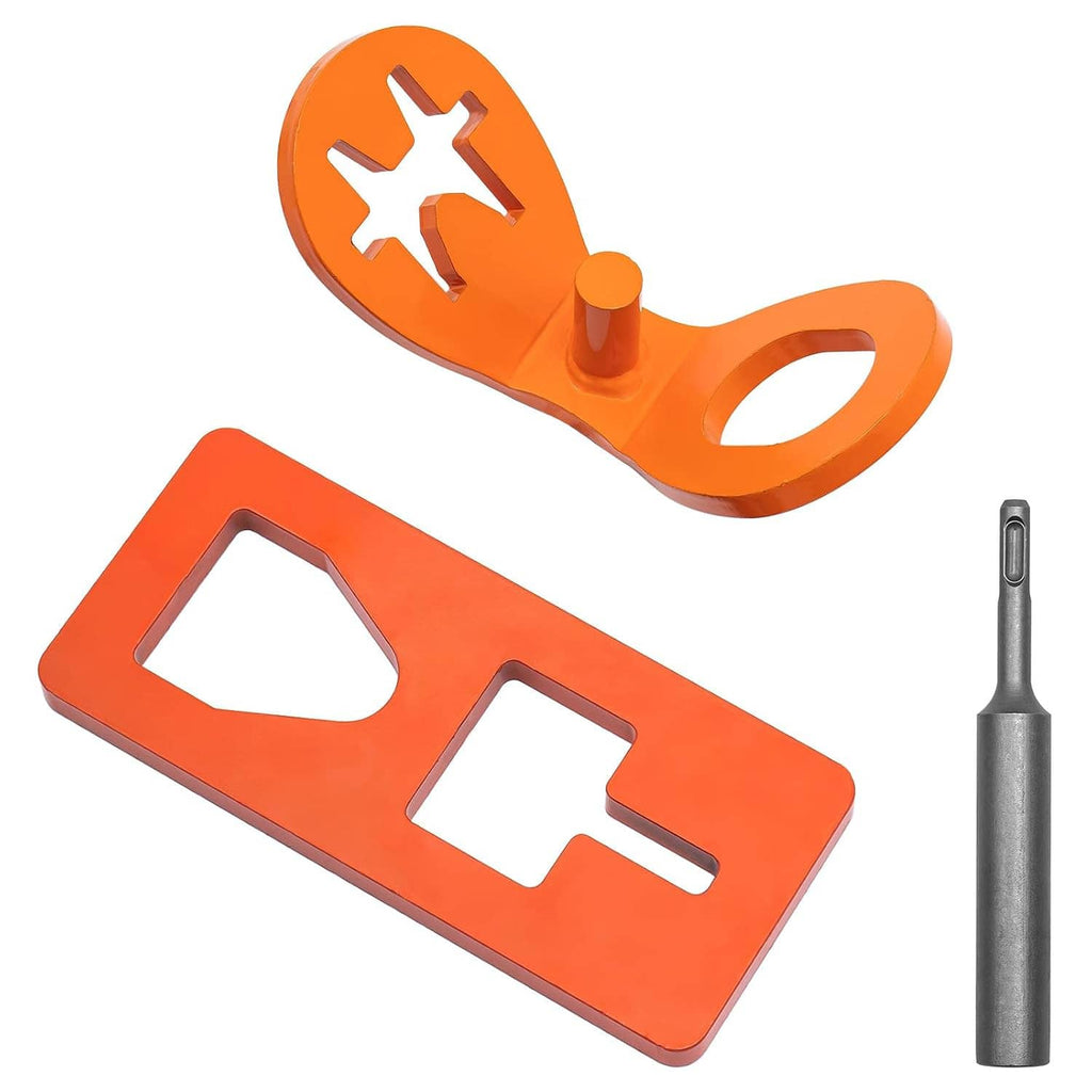 Orange T-post puller plate with steel driver shaft, U-shaped handle and star-shaped teeth