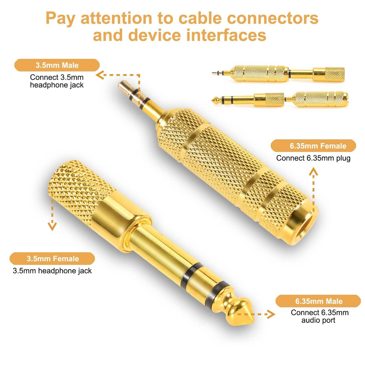 Gold 3.5mm to 6.35mm headphone jack adapter pair with knurled metal connectors