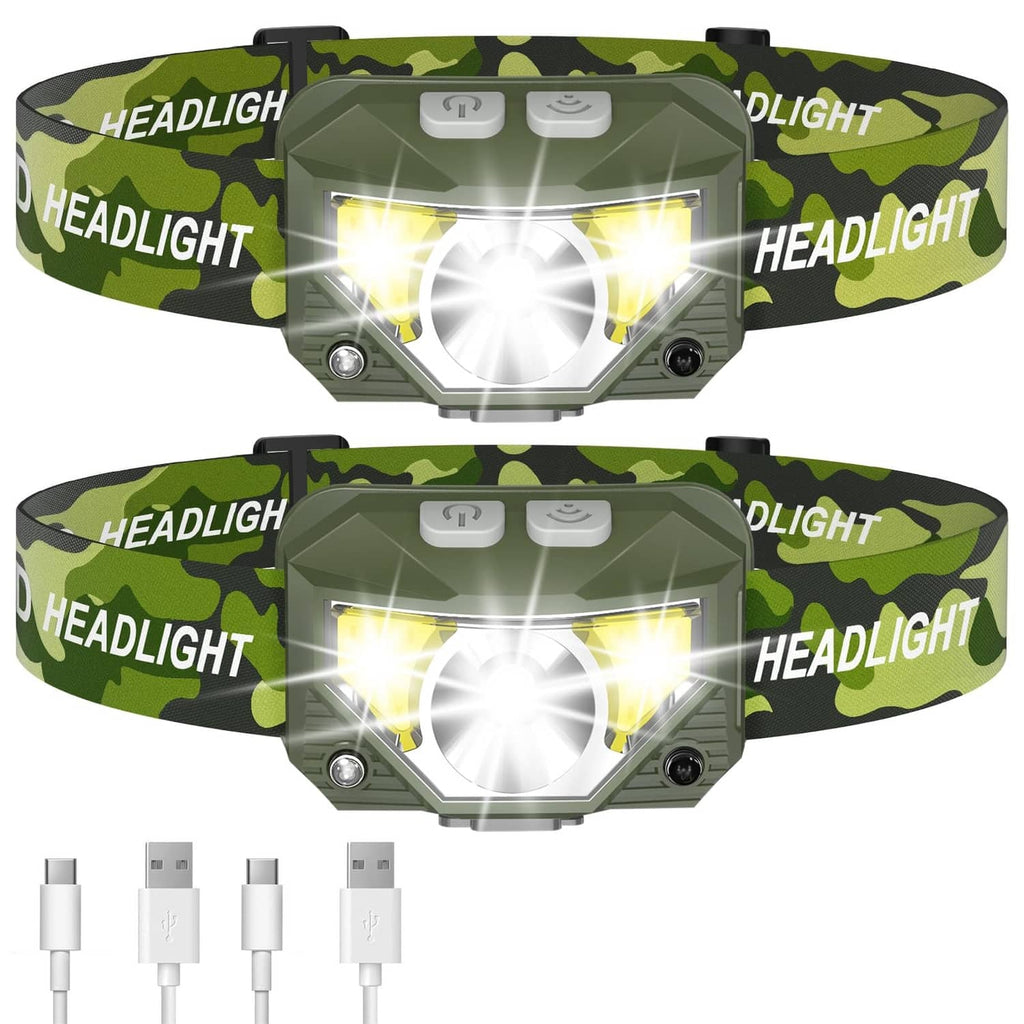 Green camouflage LED headlamp with dual front lights and adjustable headband straps