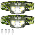 Green camouflage LED headlamp with dual front lights and adjustable headband straps