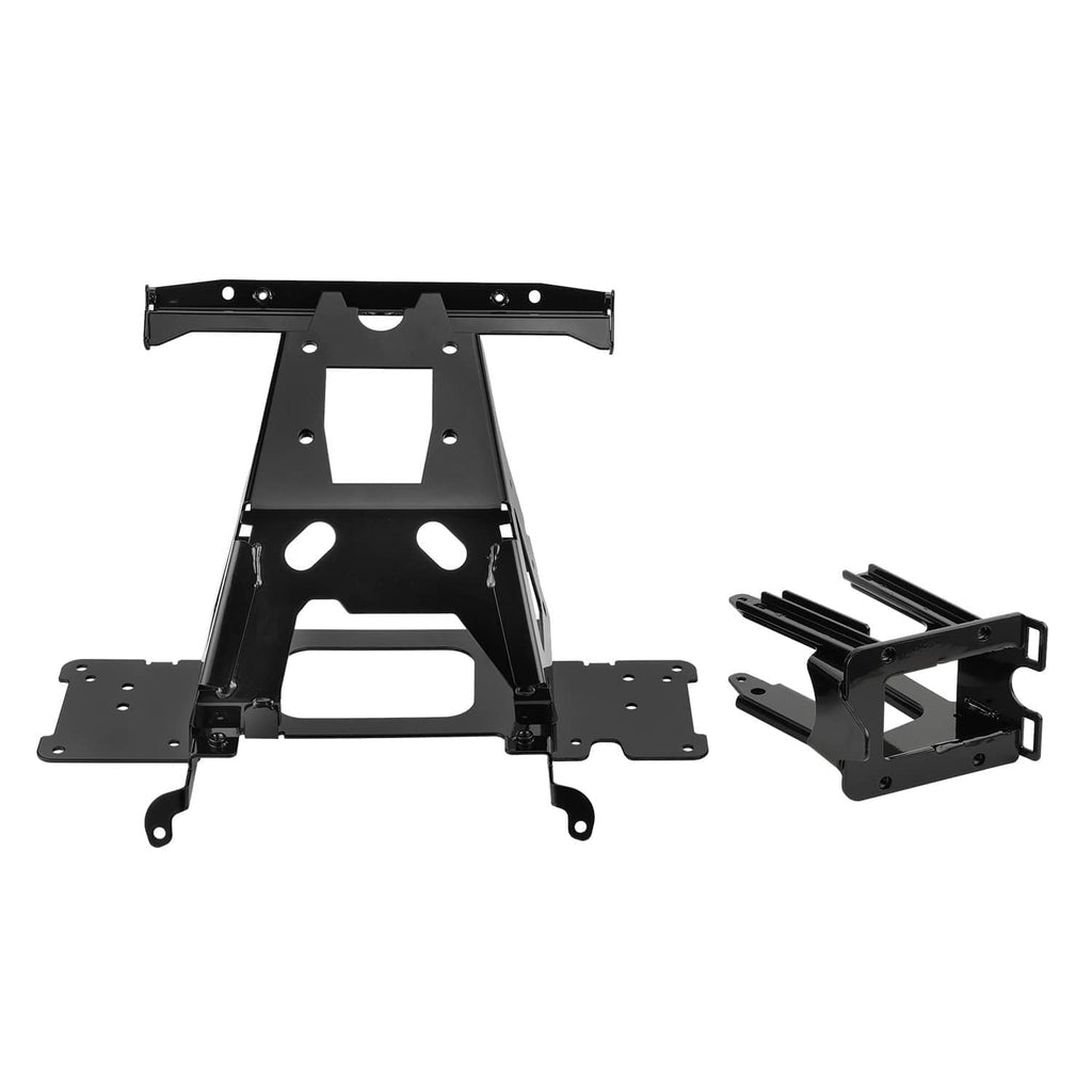 Black metal radio frame bracket mount with central square cutout and side plates