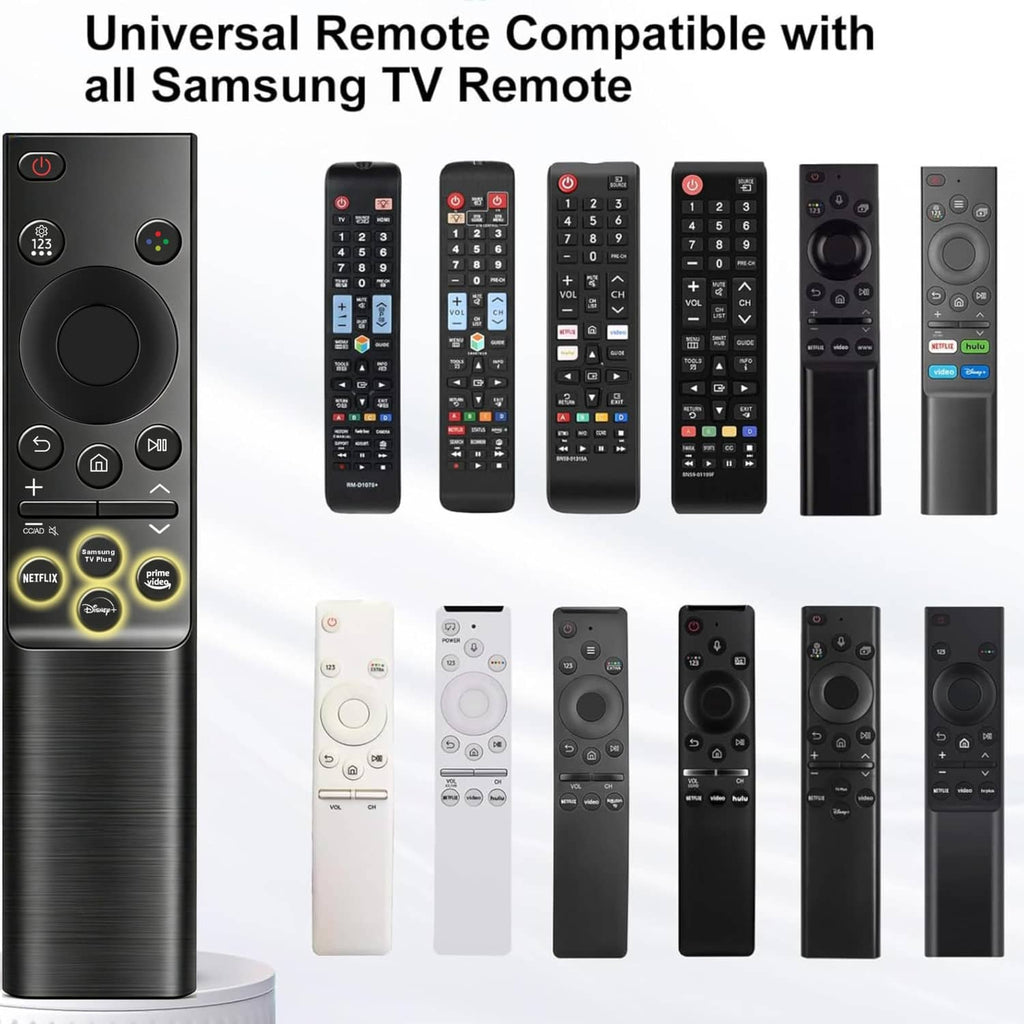 Universal Samsung TV remote shown with multiple remote styles, black and gray