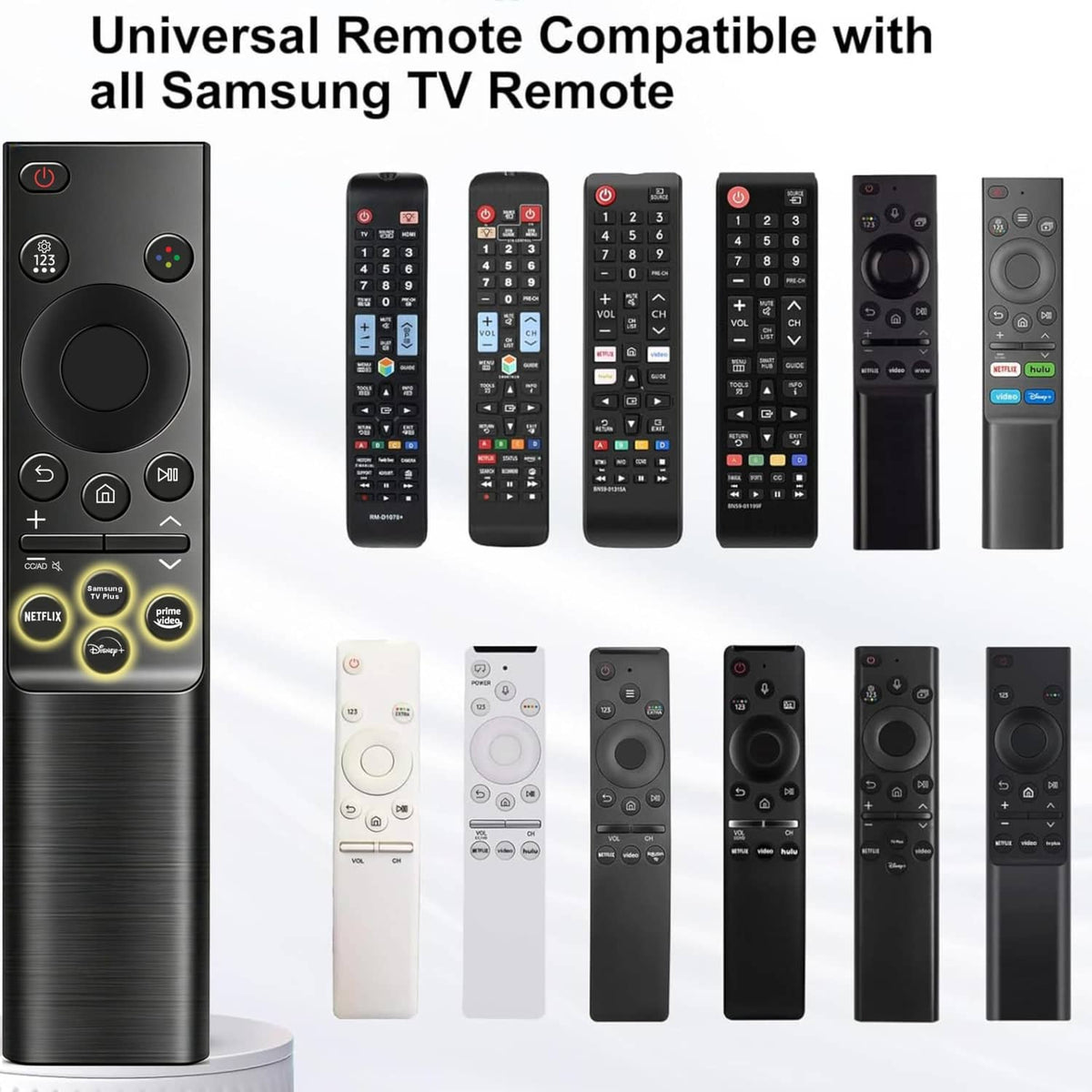 Universal Samsung TV remote shown with multiple remote styles, black and gray