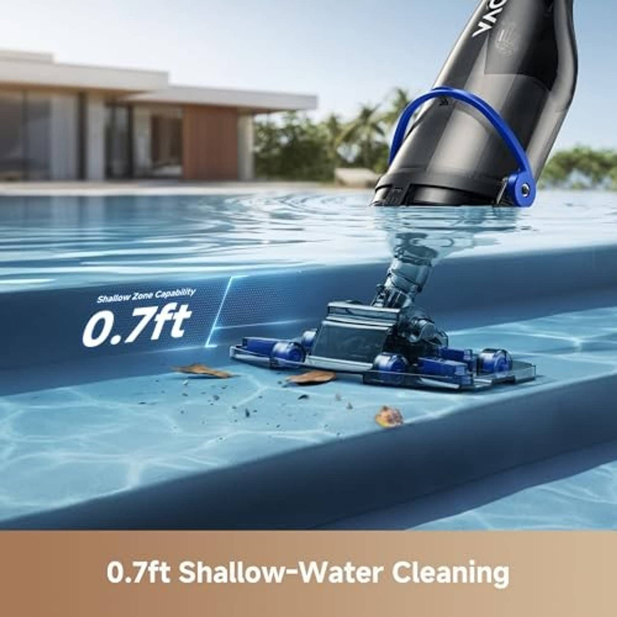 Cordless pool vacuum suction head cleaning shallow pool surface with debris