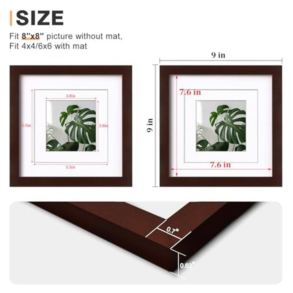 Walnut picture frame size diagram for 8x8 with white mat options