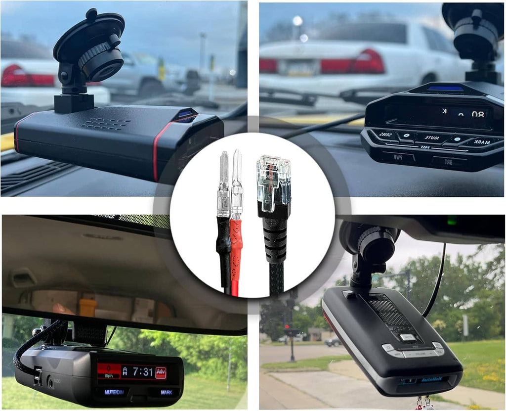Radar detector hardwire power cord with RJ11 connectors shown plugged in on multiple views