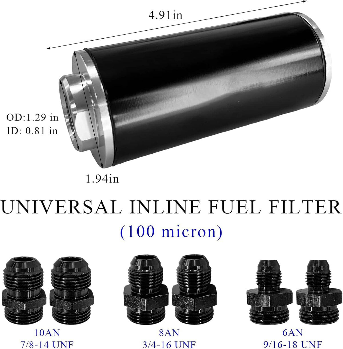 Universal inline fuel filter with black housing and silver AN end; size dimensions