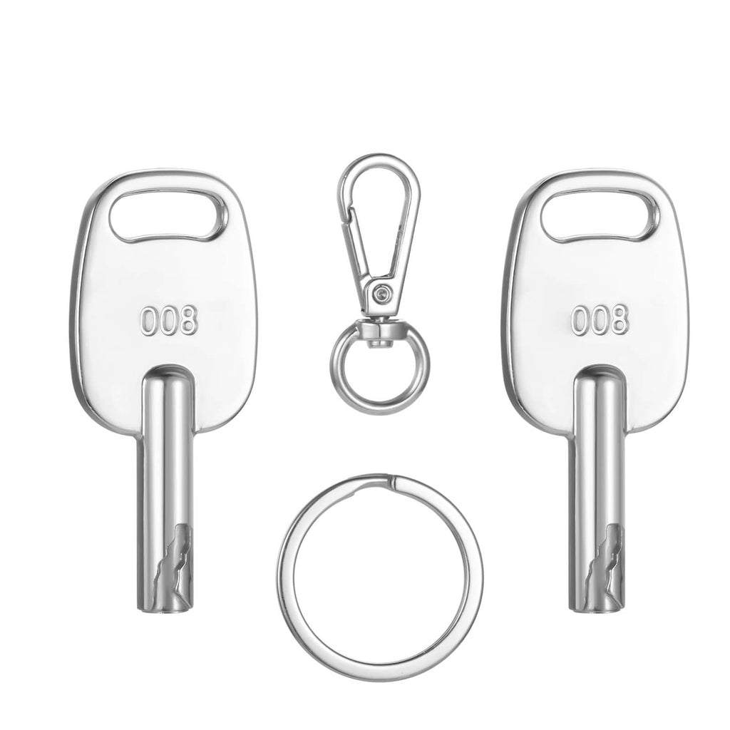 Two silver 008 luggage keys with matching keyring