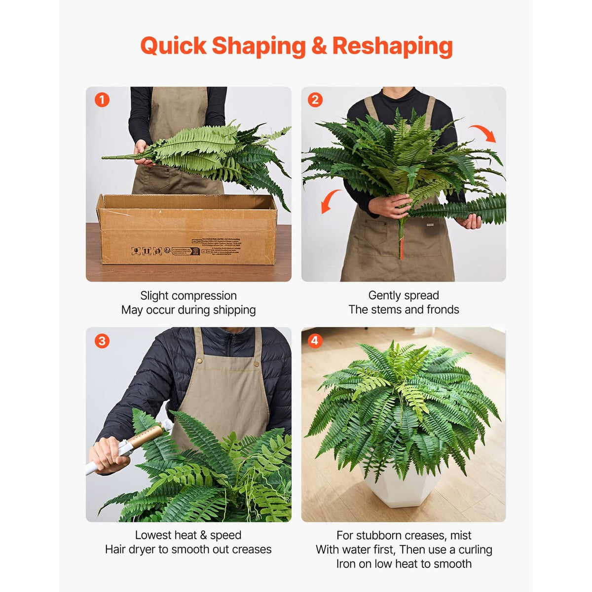 Artificial green fern plants shown being fluffed and reshaped after shipping