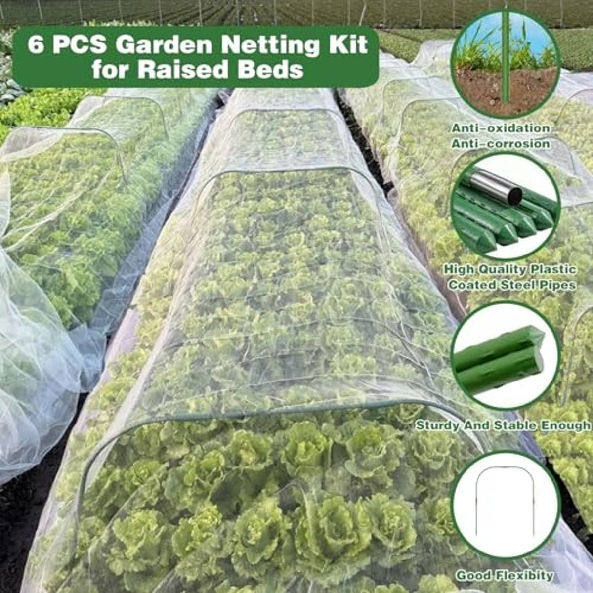 Clear/white mesh cover for raised garden beds with green hoops and sturdy support pipes