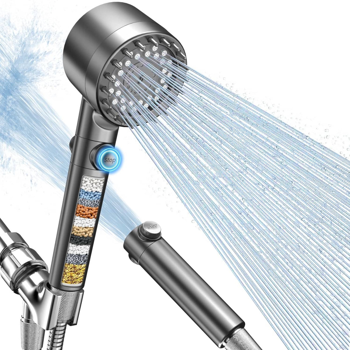 Gray handheld filtered shower head with spray plate and built-in filter cartridge