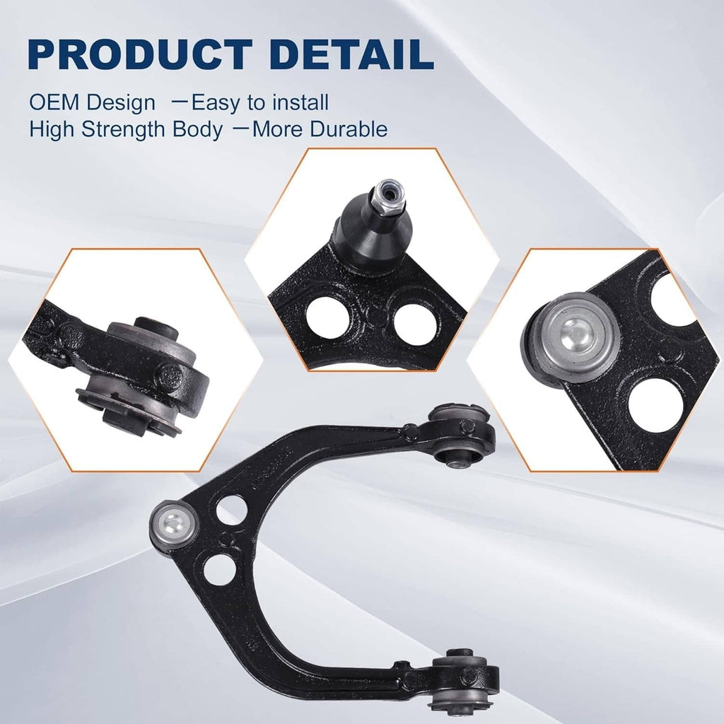 Black control arm assembly detail with ball joint, bushing, and mounting studs