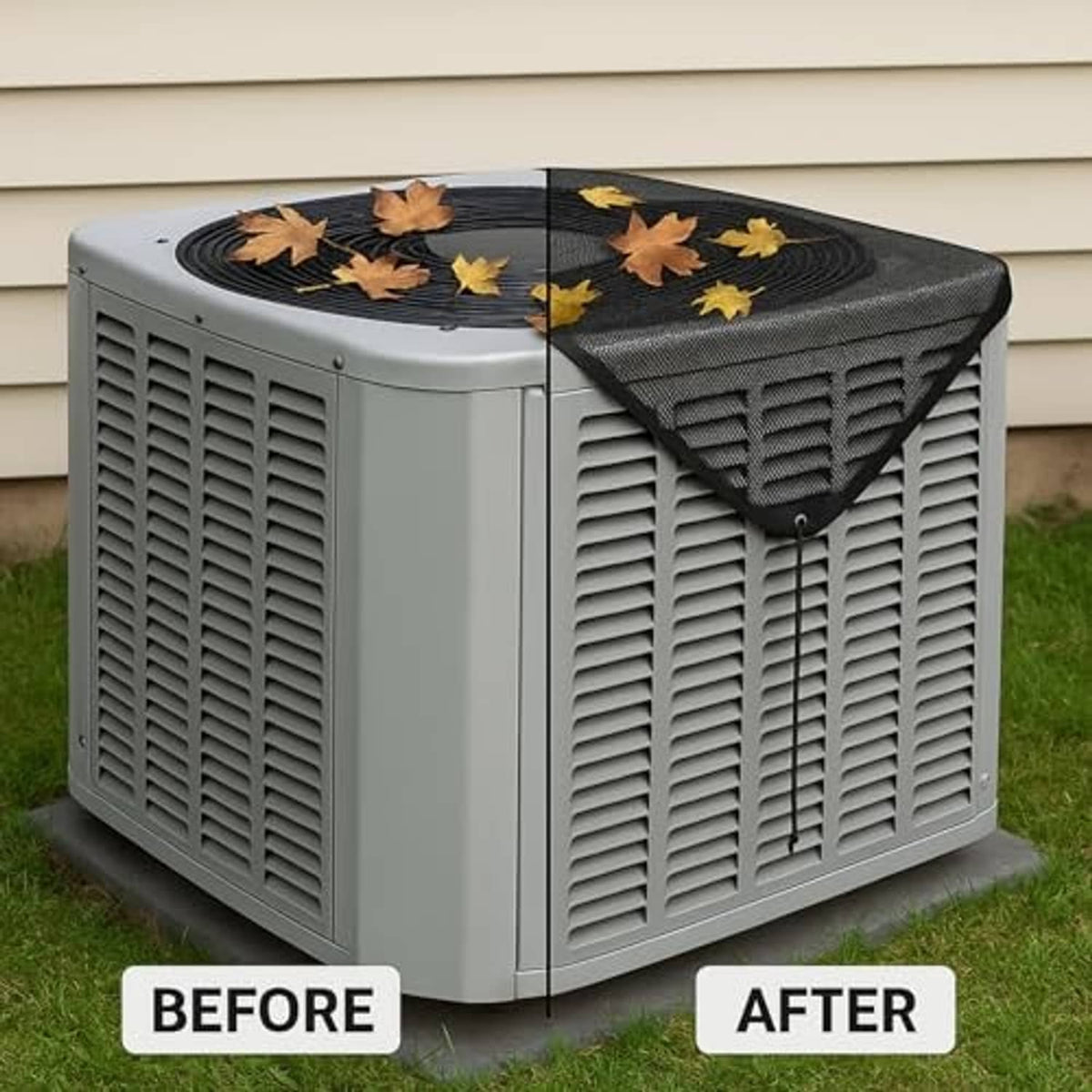 Outdoor AC unit cover laid over a condenser for a cleaner, protected unit look