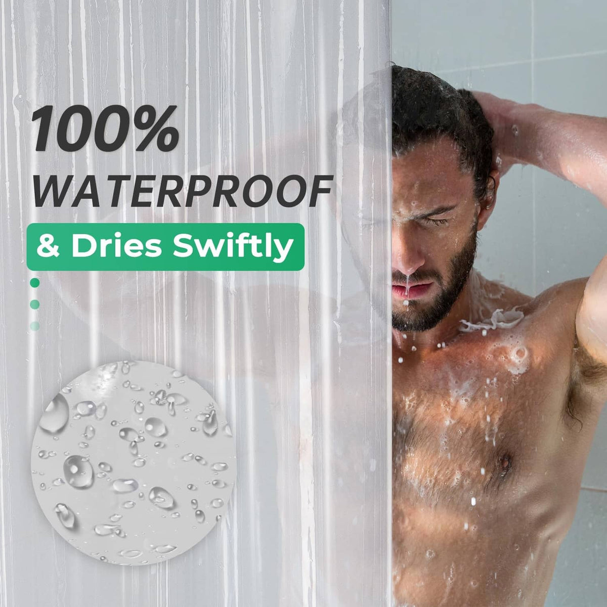 Clear waterproof shower curtain liner with water droplets on the surface
