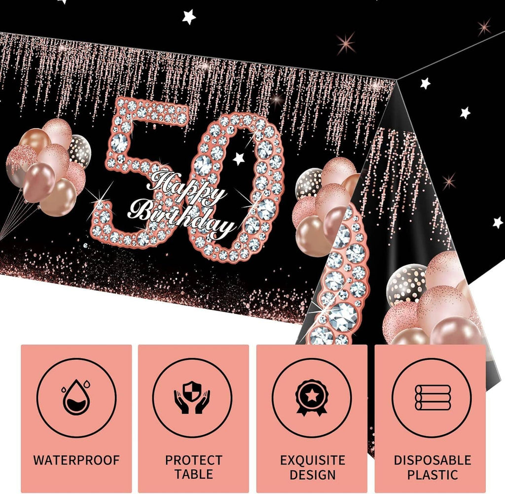 Black birthday tablecloth with “Happy Birthday 50” text, glitter dots, and rose-gold balloon clusters
