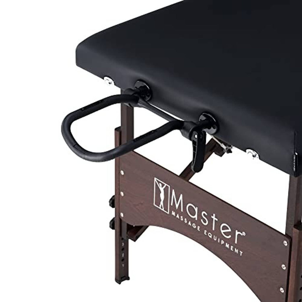 Black massage table upholstery with armrest and Master logo panel