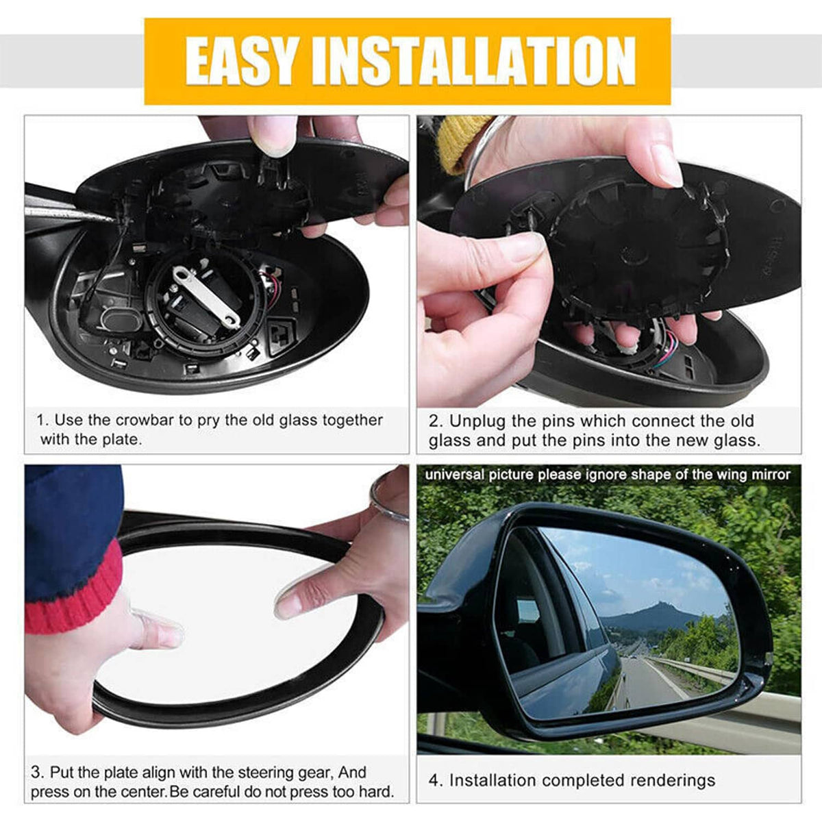 Heated side mirror glass installation shown with disassembled housing (left)