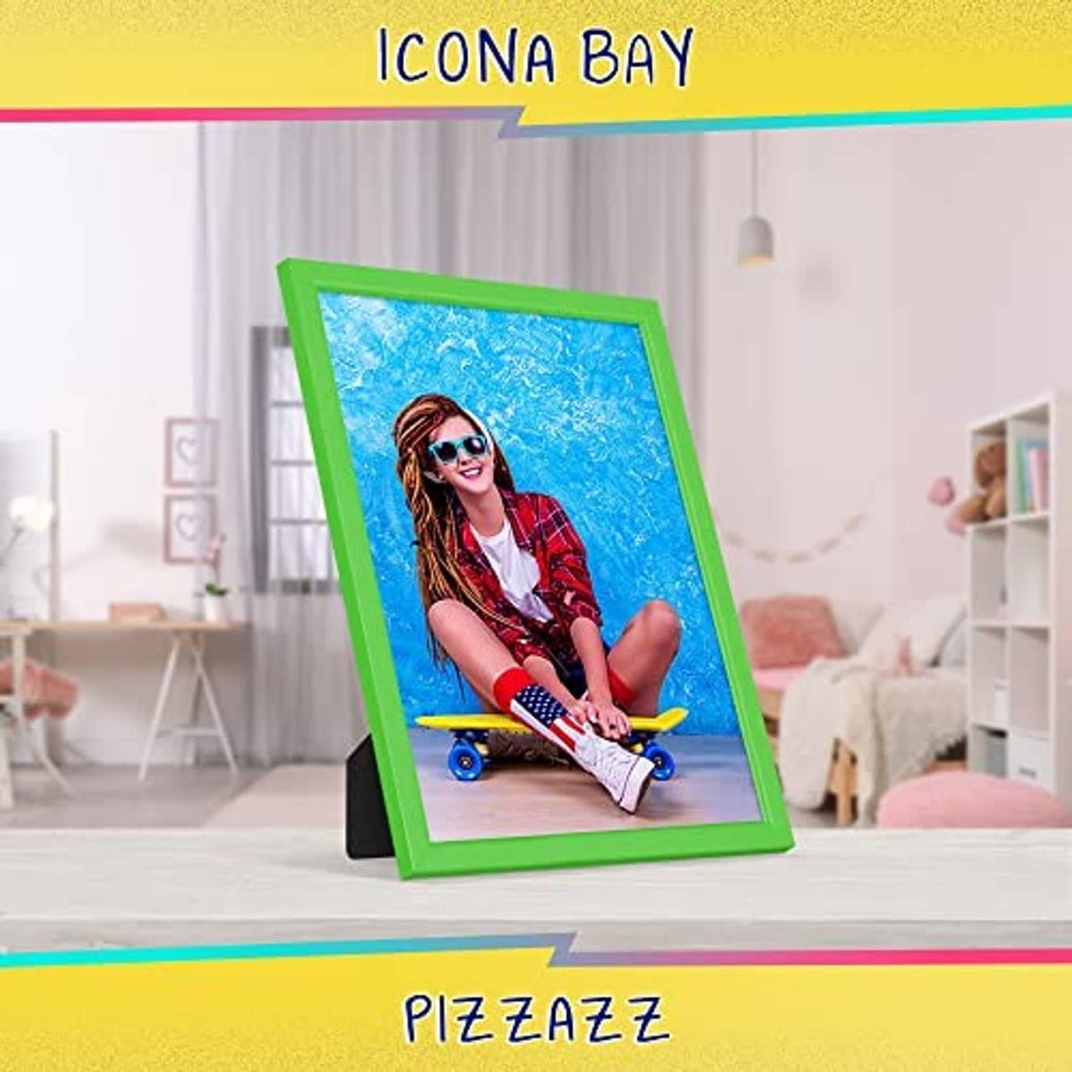Green 8x10 solid wood picture frame, front photo shows a person with sunglasses.
