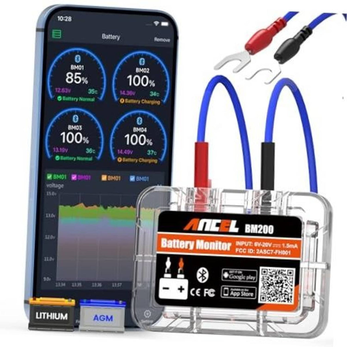 12V battery tester app on phone with battery monitor module and red/blue test leads
