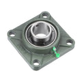 Green cast iron flange block bearing with seated ball bearing, four bolt holes.
