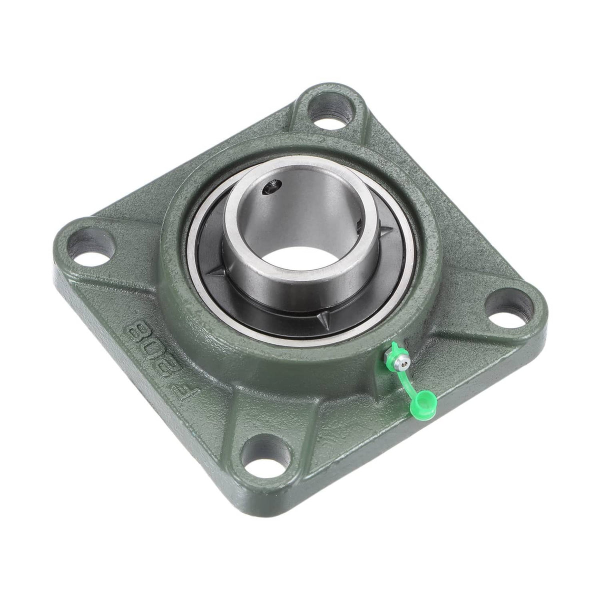 Green cast iron flange block bearing with seated ball bearing, four bolt holes.