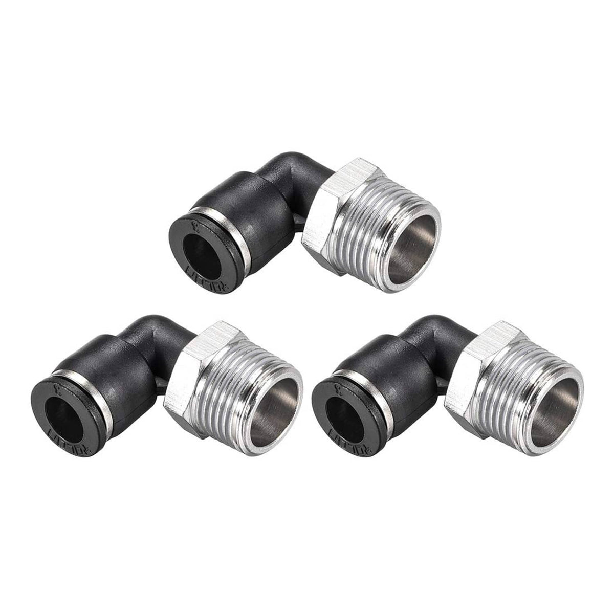 Push-to-connect male elbow tube fittings, black collet, 8mm tube OD, 3/8NPT set