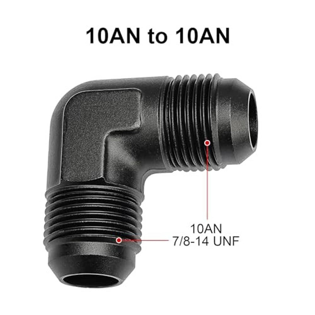 90-degree AN male-to-male flare union coupler, black elbow fitting with threaded ports