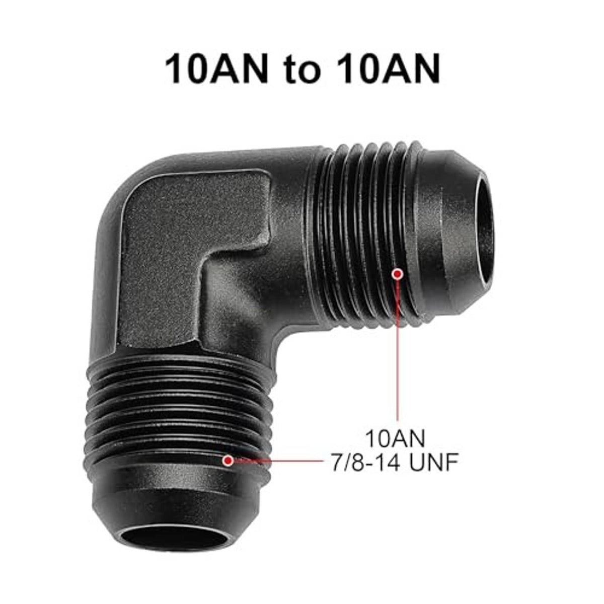 90-degree AN male-to-male flare union coupler, black elbow fitting with threaded ports