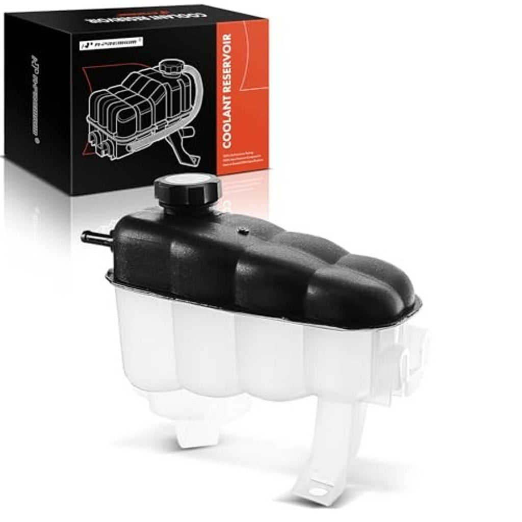 Engine coolant reservoir tank with black cap, translucent white body