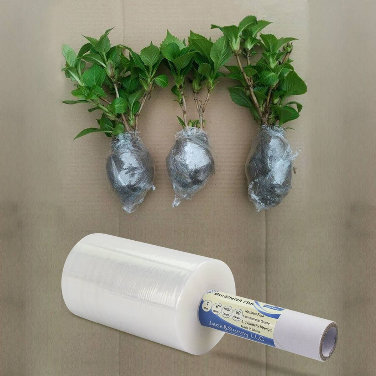 Clear stretch wrap roll with product label and transparent film on white core
