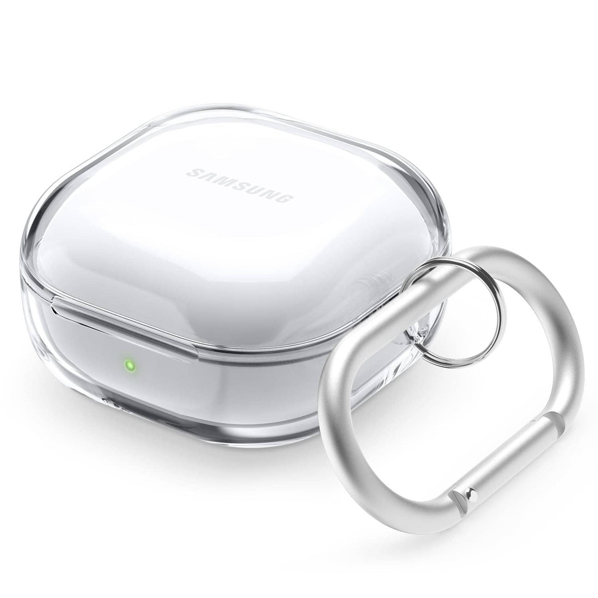 Clear hard earbuds case with keyring loop and protective cover for charging case