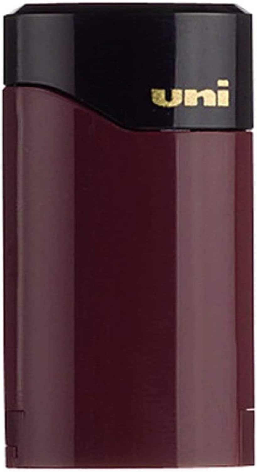 Pocket pencil sharpener with maroon body, black top, and uni logo
