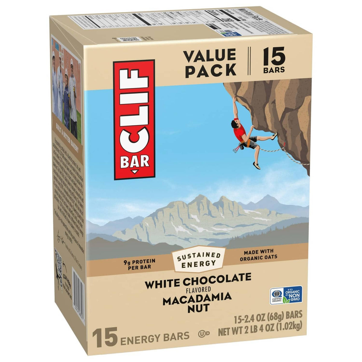 CLIF Bar Value Pack box, white chocolate macadamia energy bars, 15 count