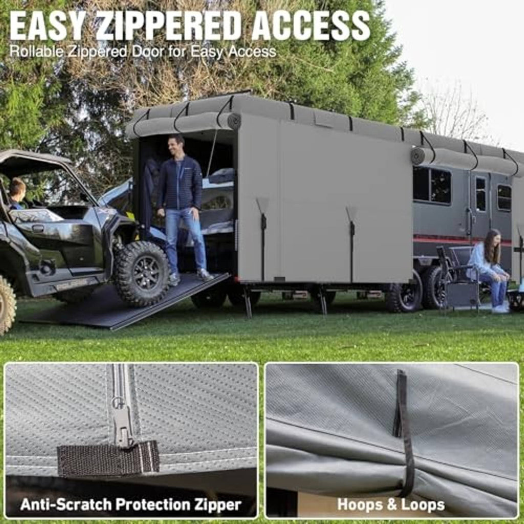 Gray RV cover with zippered access door and secured straps with hoop-and-loop fasteners