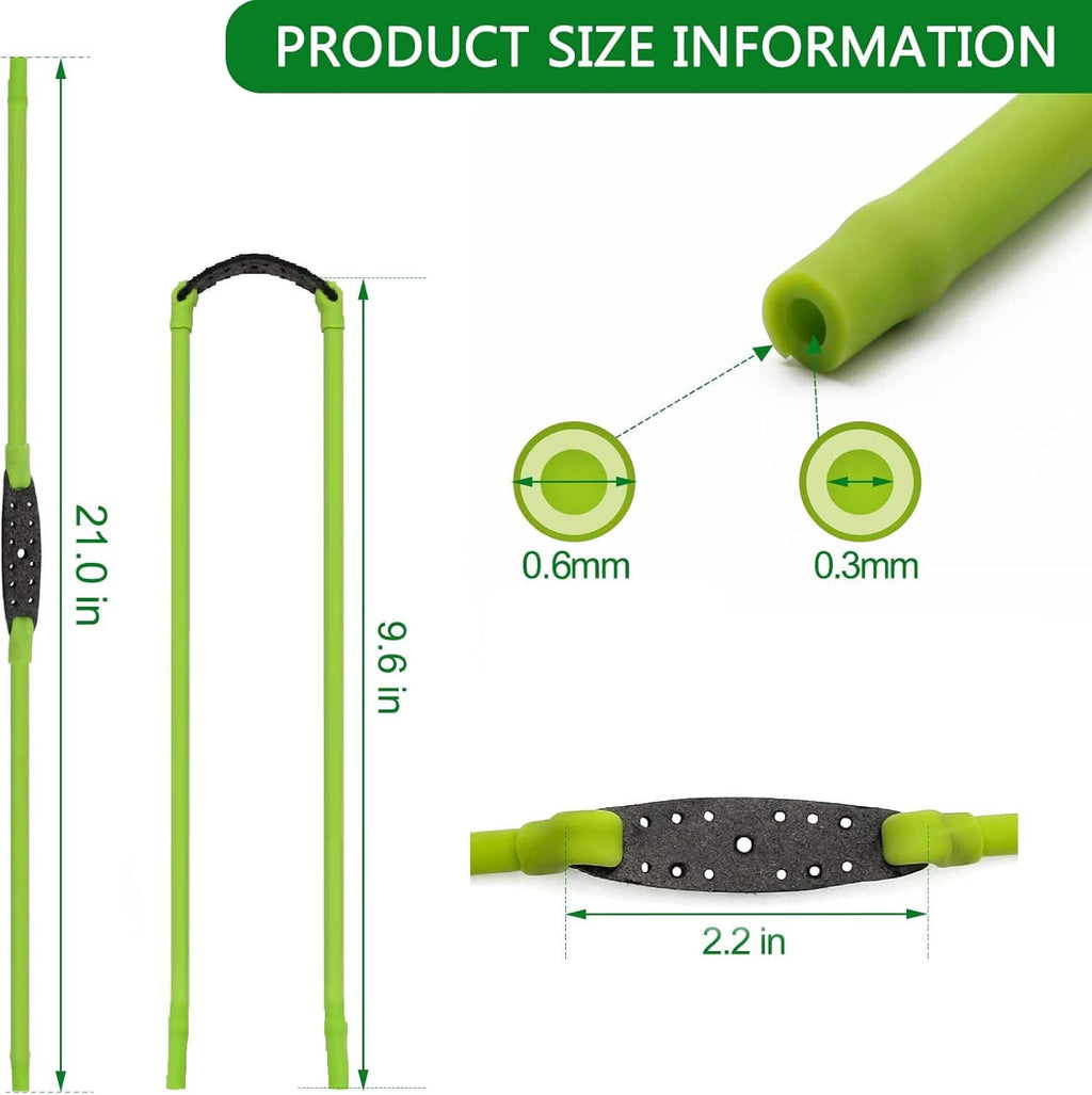 Neon green slingshot replacement bands with black perforated connector, size and thickness view