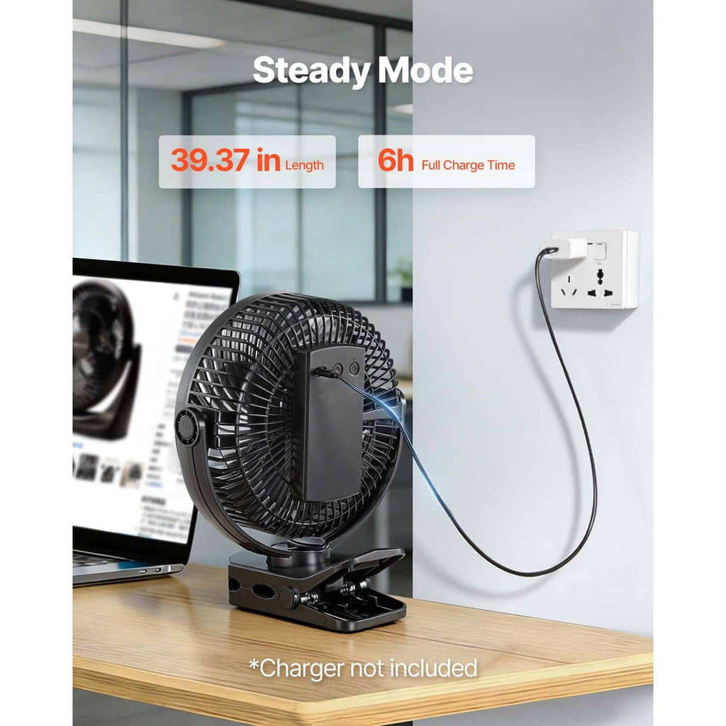 Black rechargeable USB fan with circular grille on a desk stand
