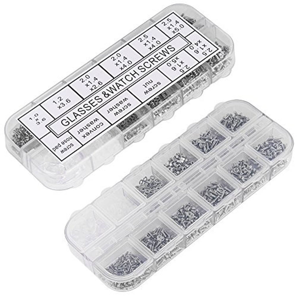 Glasses screw organizer with labeled compartments of assorted tiny replacement screws