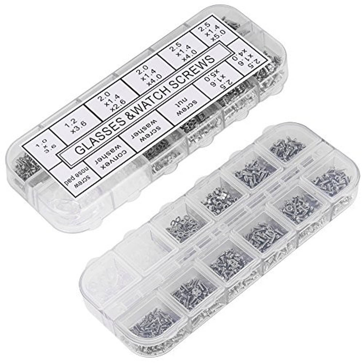 Glasses screw organizer with labeled compartments of assorted tiny replacement screws