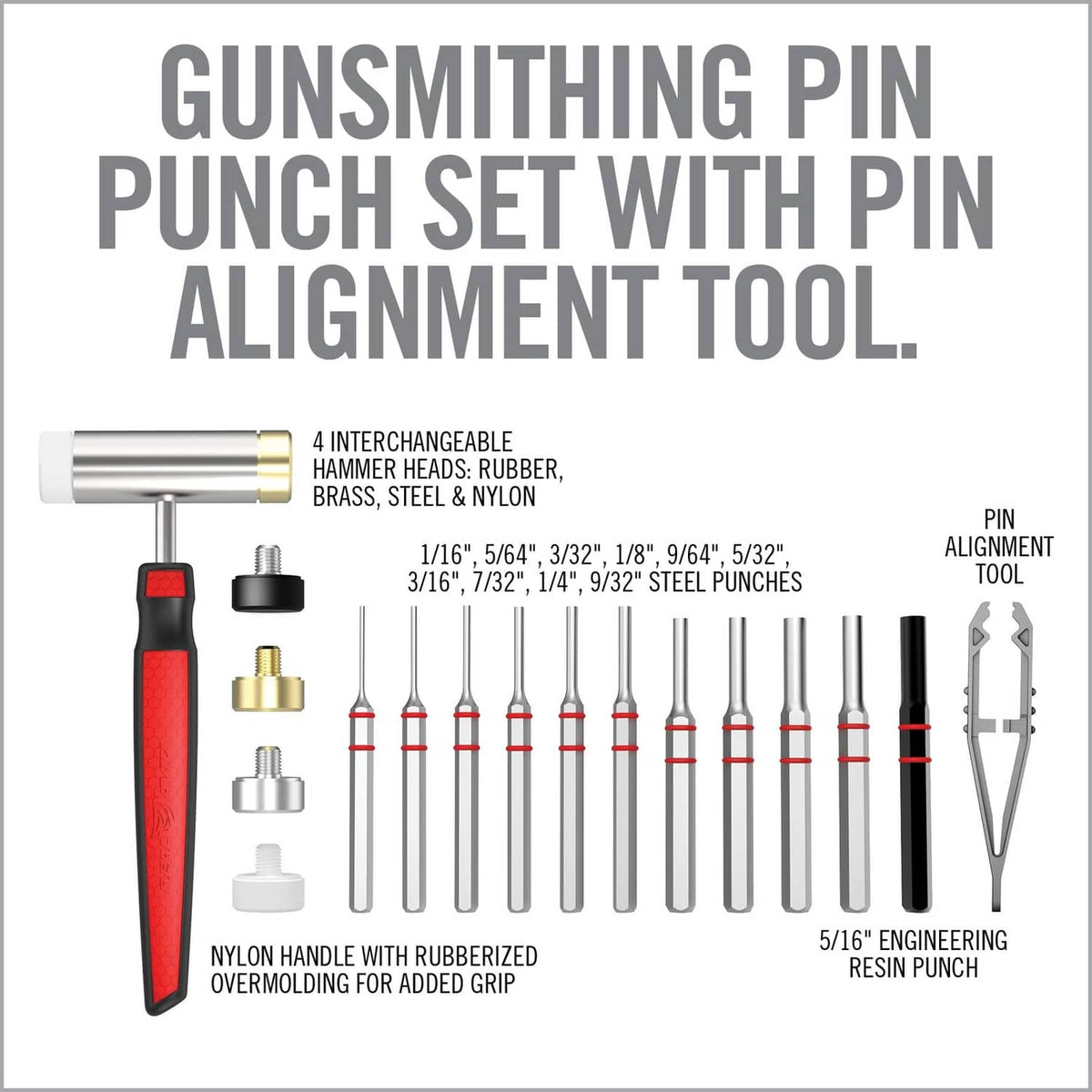 Pin punch set contents with interchangeable hammer heads and steel punch tools
