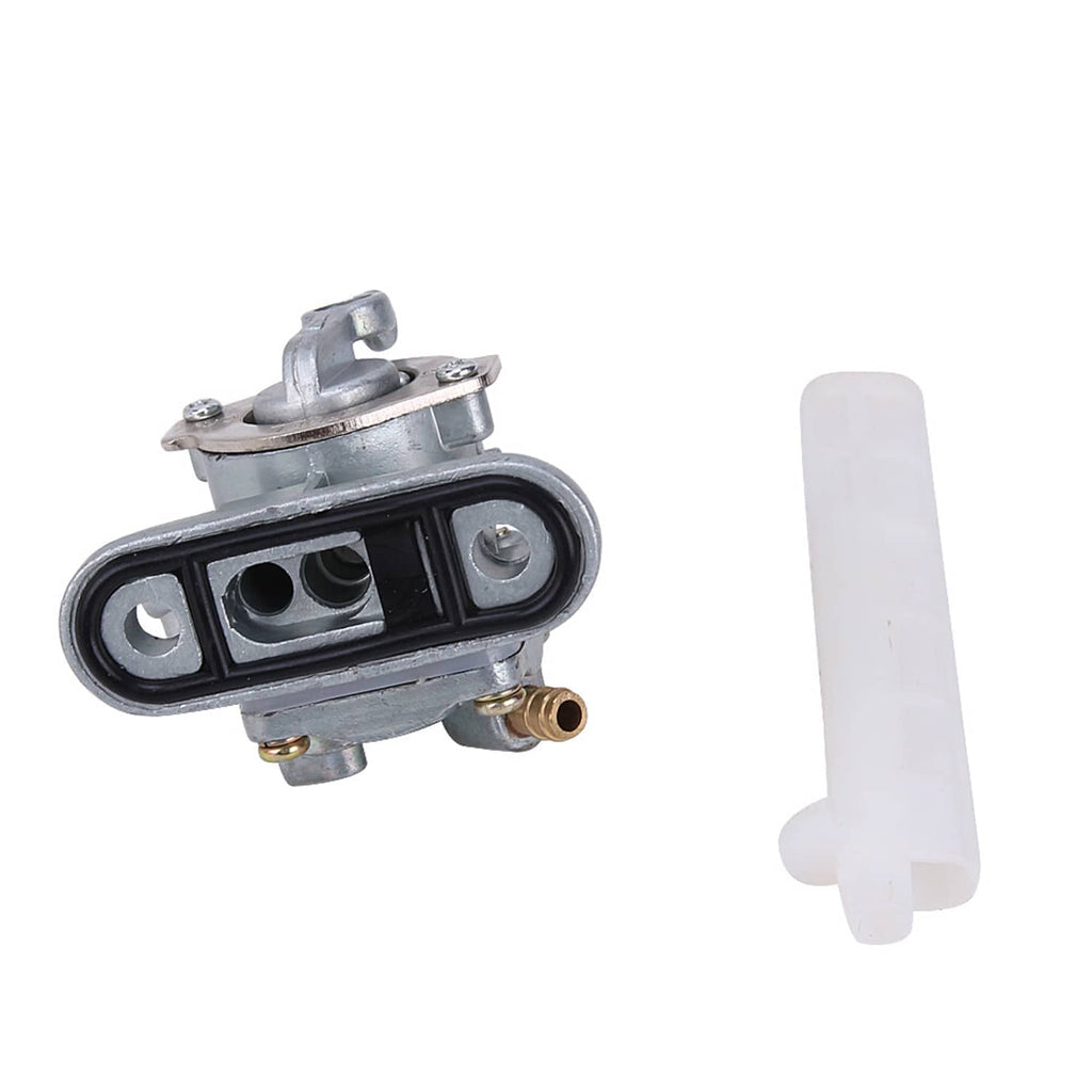 Fuel petcock valve switch with black gasket, brass outlet, and white lever