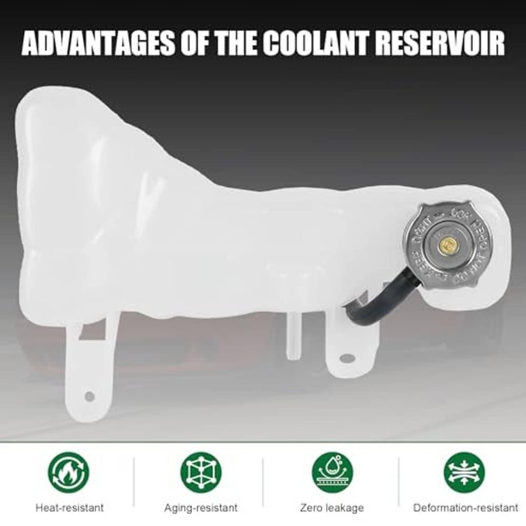 White coolant reservoir with round metal cap and black hose connection