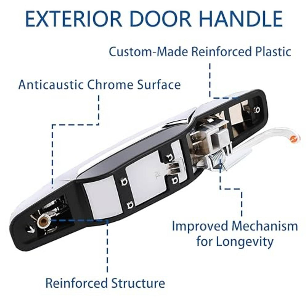 Exterior door handle showing internal mounting parts behind chrome cover