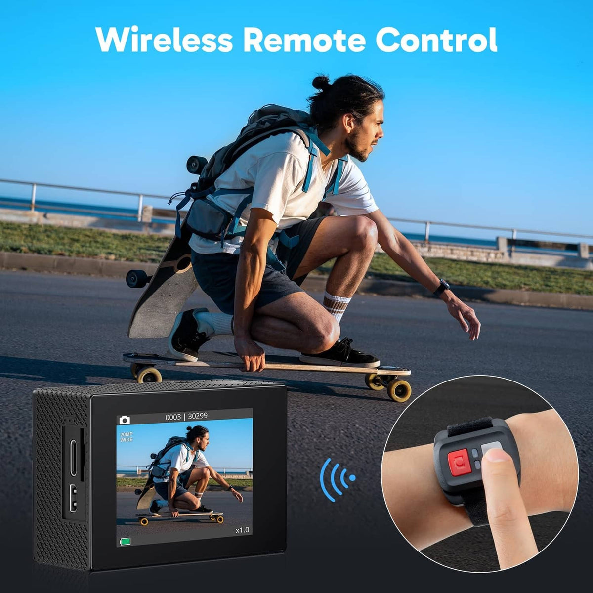 AKASO EK7000 remote control with action camera monitor showing footage