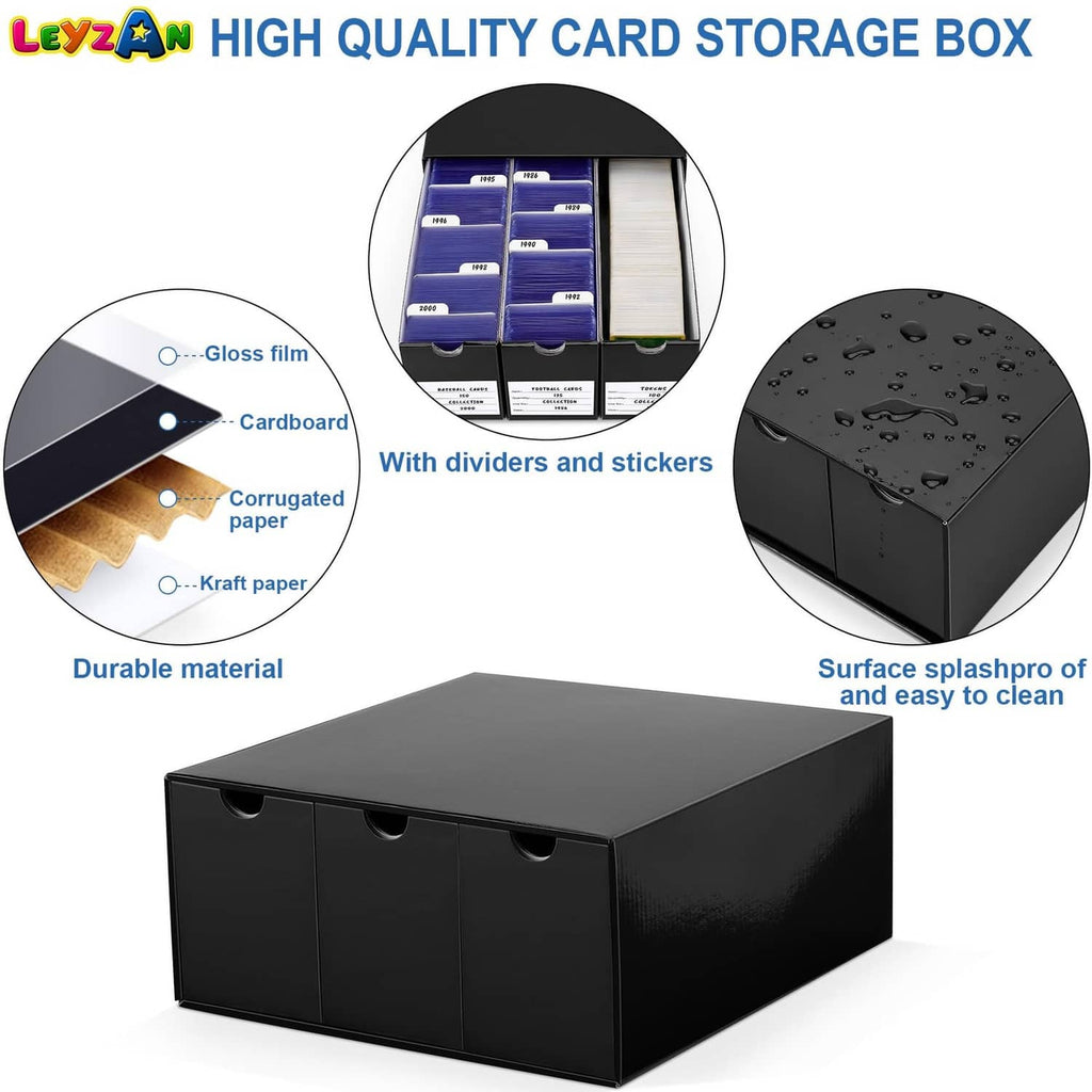 Black trading card storage box with smooth top and compartment dividers